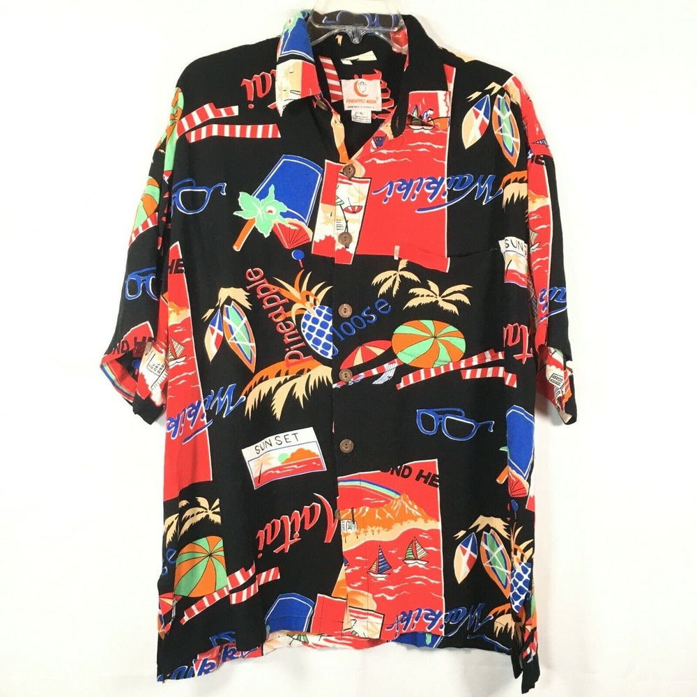 Pineapple Moon Shirt Mens Sz L Black‎ Red Tropical Print Soft Button Up Hawaiian